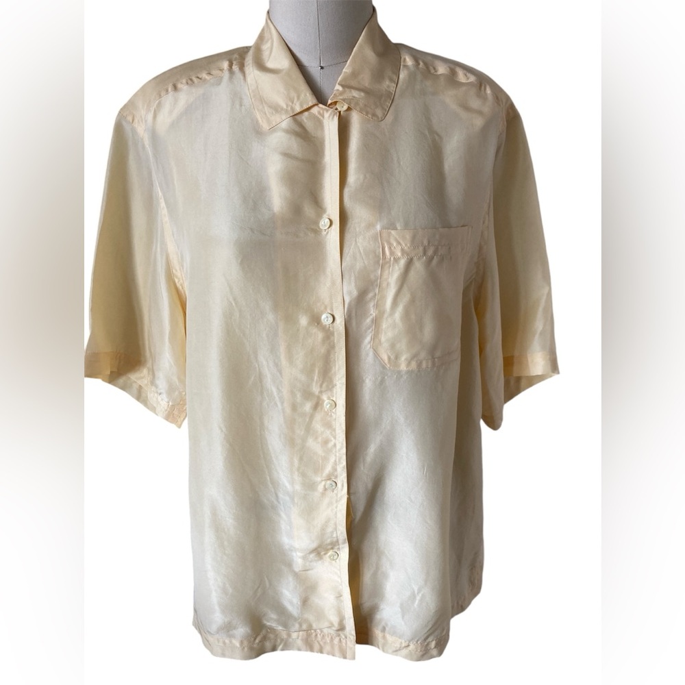 Diane Gilman lemon yellow light silk short sleeve blouse, Sz L